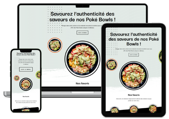 Affichage responsive du site web de restaurant de poké bowls sur divers appareils, incluant un smartphone, une tablette et un ordinateur portable, montrant un menu numérique attrayant avec des images de bols de poké colorés.